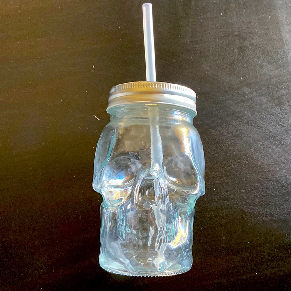 SOLD - Skeleton cup with lid and straw